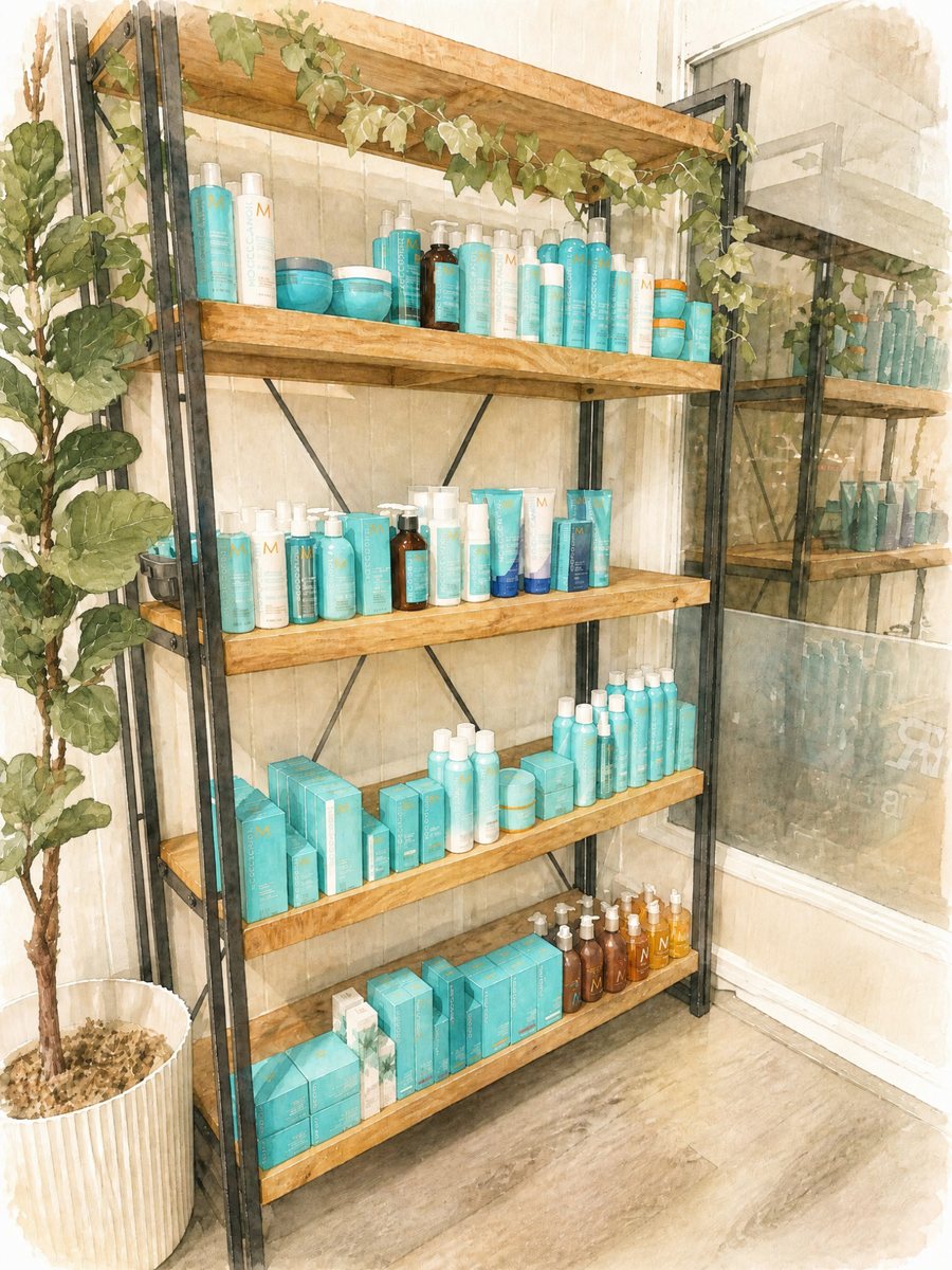 Watercolour of the Moroccanoil retail shelves