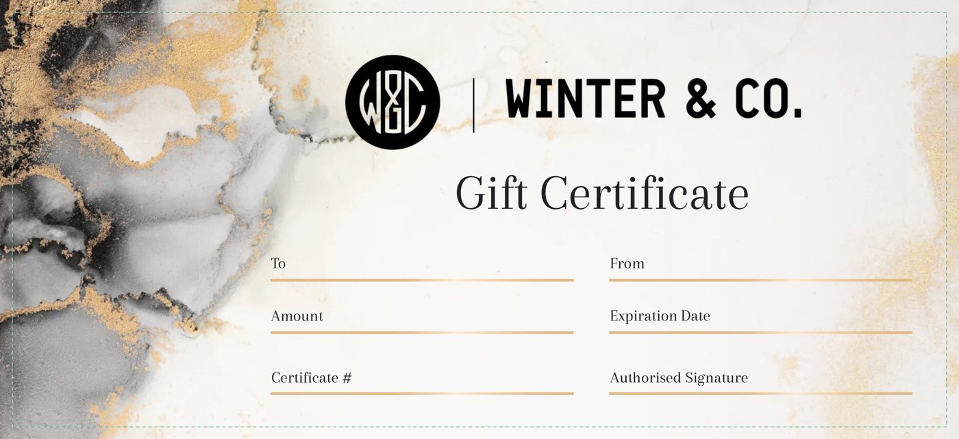 Front of the Winter & Co. gift certificate, with To, From, Amount and Expiration Date lines